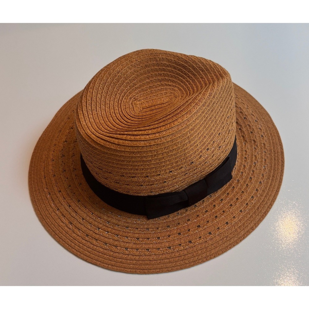 August Hat Company Brown Straw Boater Hat Black Ribbon Bow Sun Hat Summer Chic